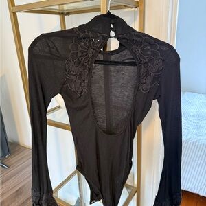 Free People Black Lace Long Sleeve Bodysuit | Small | Sheer Back